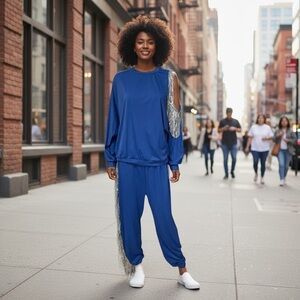 Women Blue Long Sleeve Silver Fringe Top Matching Pants Set
New